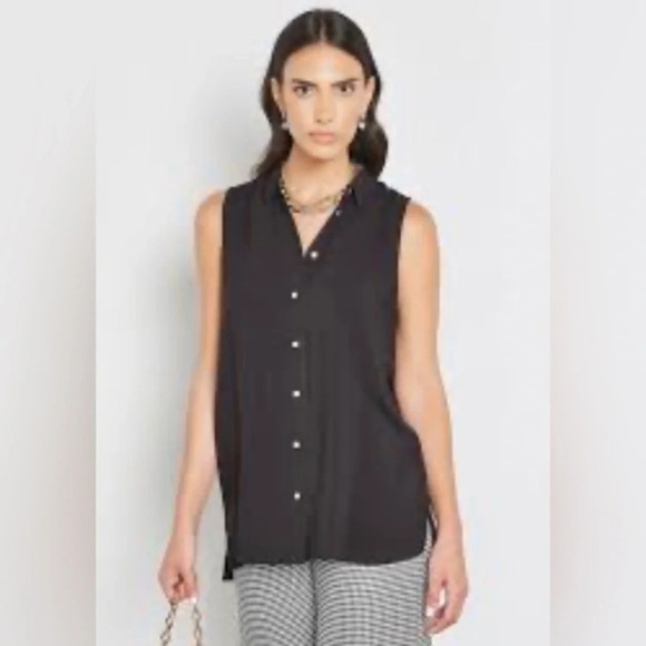 Adrianna Papell Black Satin Buttoned Collared Sleeveless Shirt Tank Blouse Sz L - Picture 1 of 10